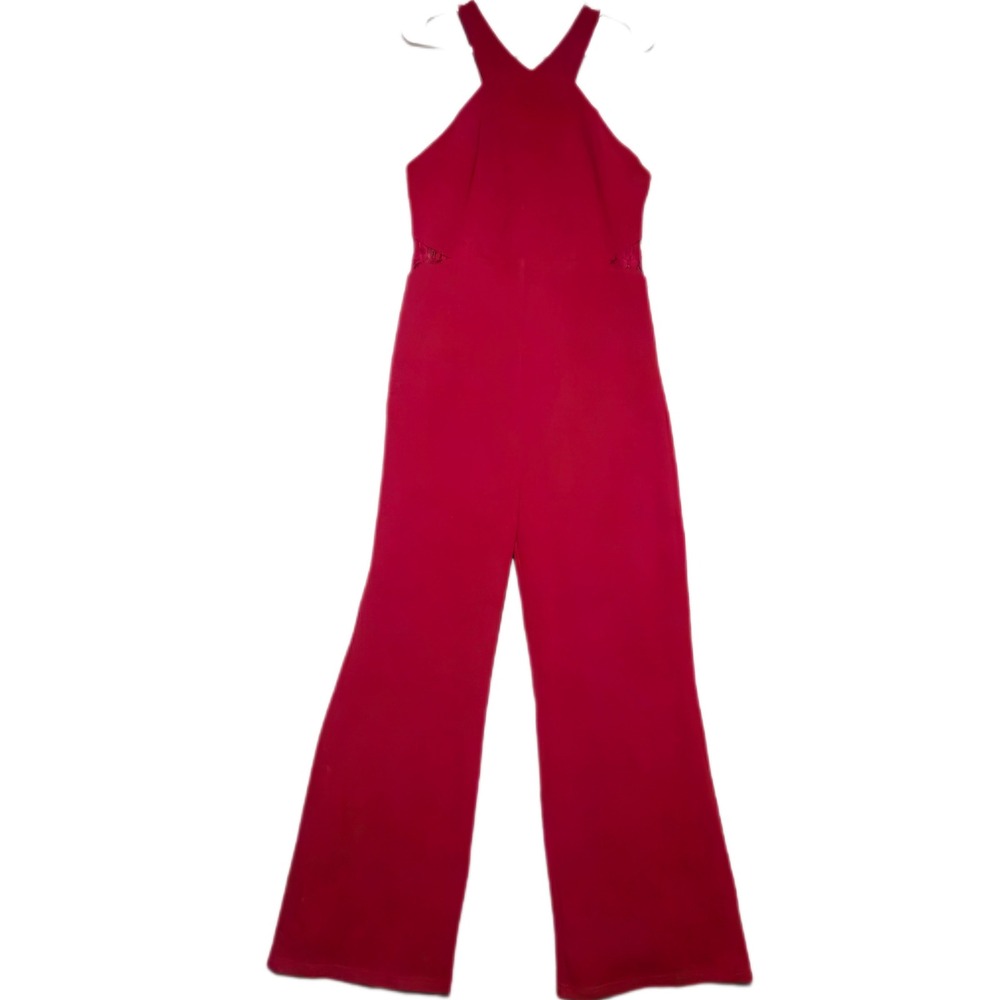 Lulus Jumpsuit Women Large Red Lace Back Halter Wide Leg Formal RE90771HL
